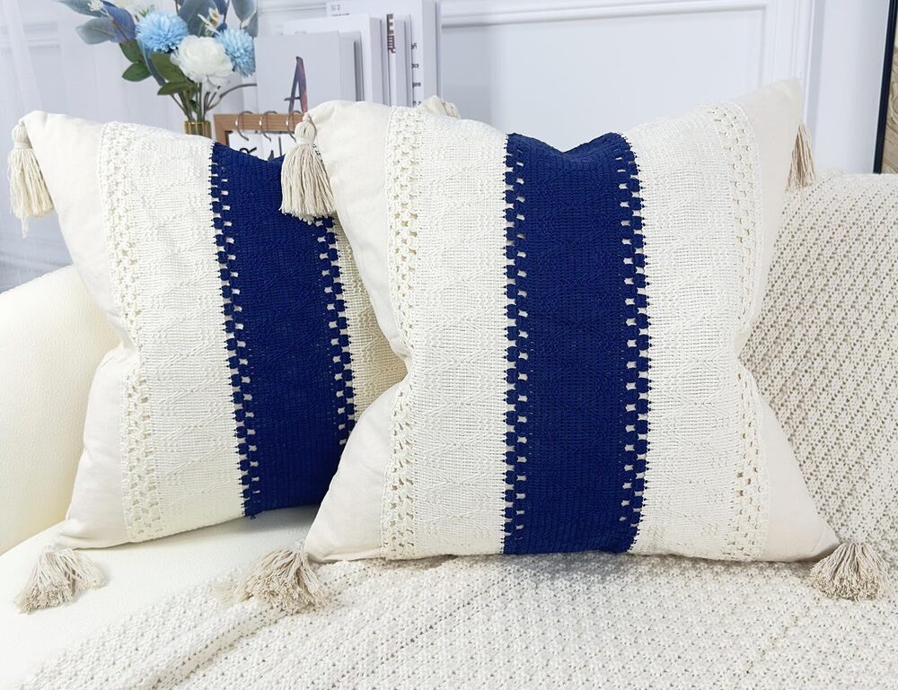 9911 Boho Throw Pillow Covers 16x16,Cute Pillow Cover with Tassels,Neutral - Picture 1 of 6
